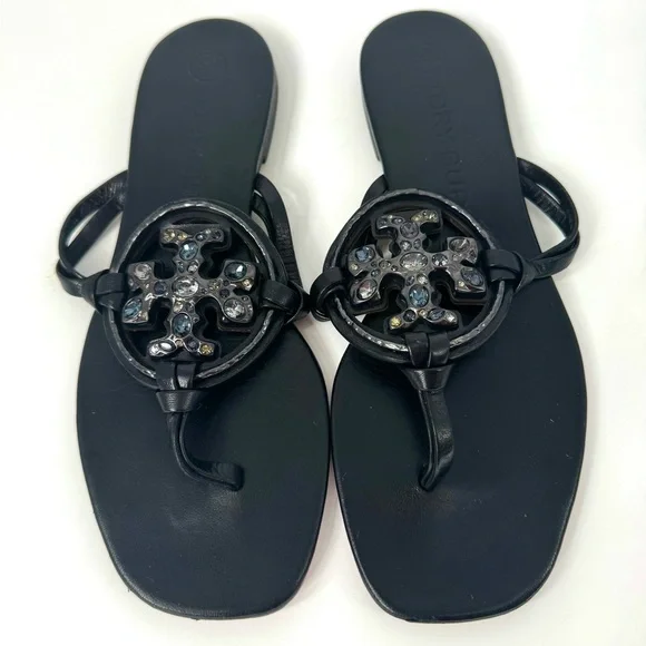 Tory Burch Miller Sandals Jeweled Embellished Black - Picture 7 of 9